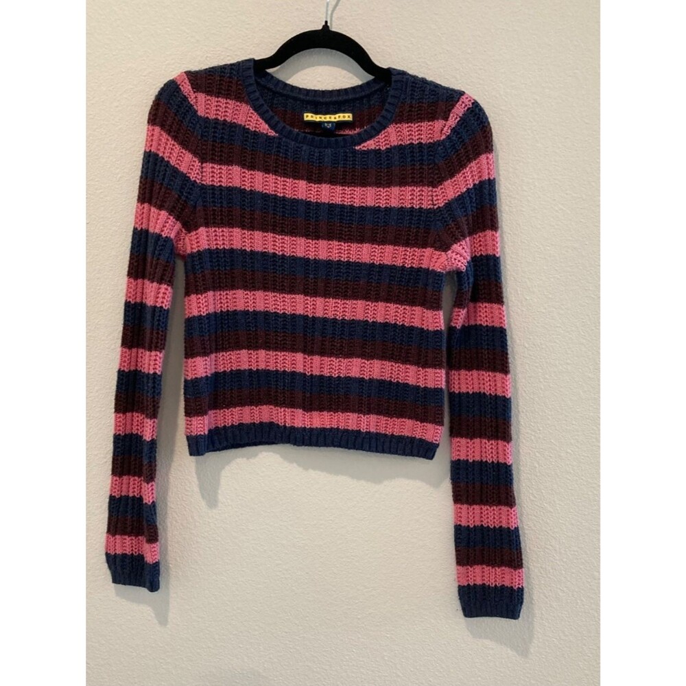 Prince & Fox Ribbed Crewneck Striped Knit Sweater Pink Navy Maroon Large